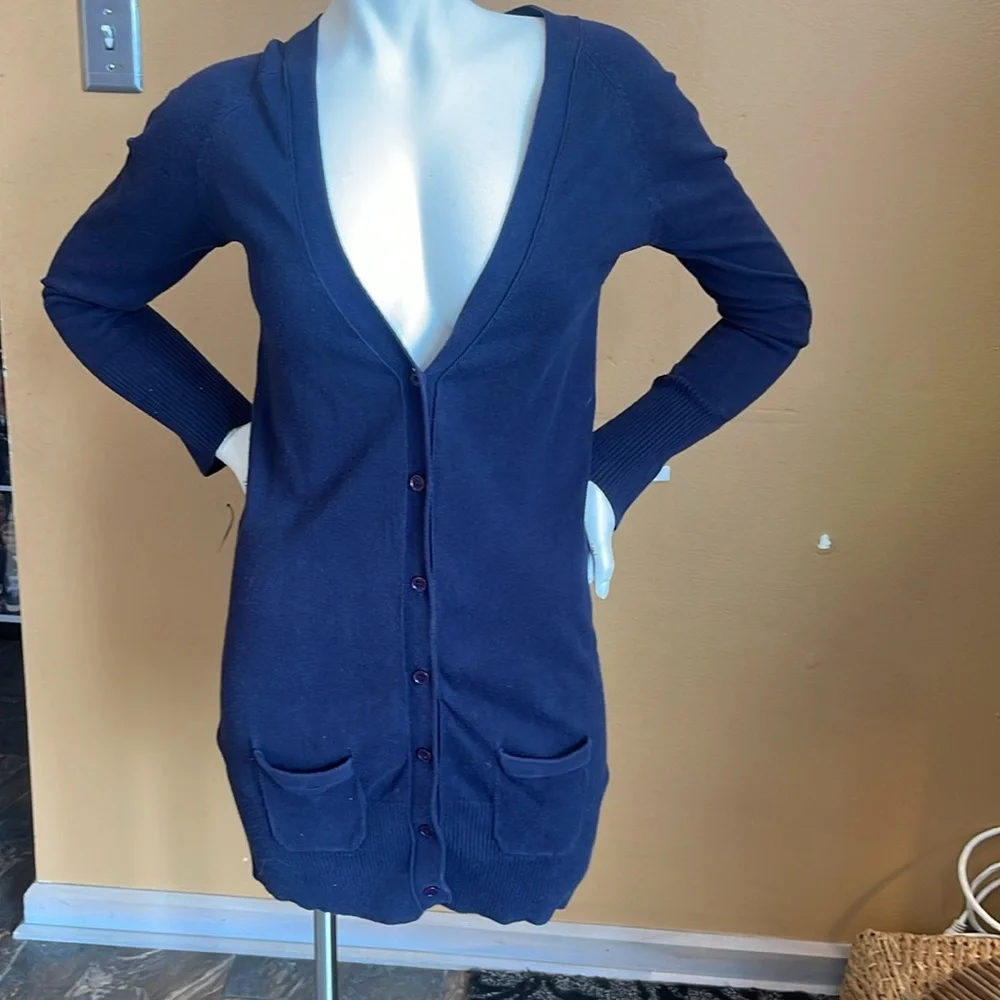 ZARA Long fine knit Navy Blue Button-Up Cardigan Size L
